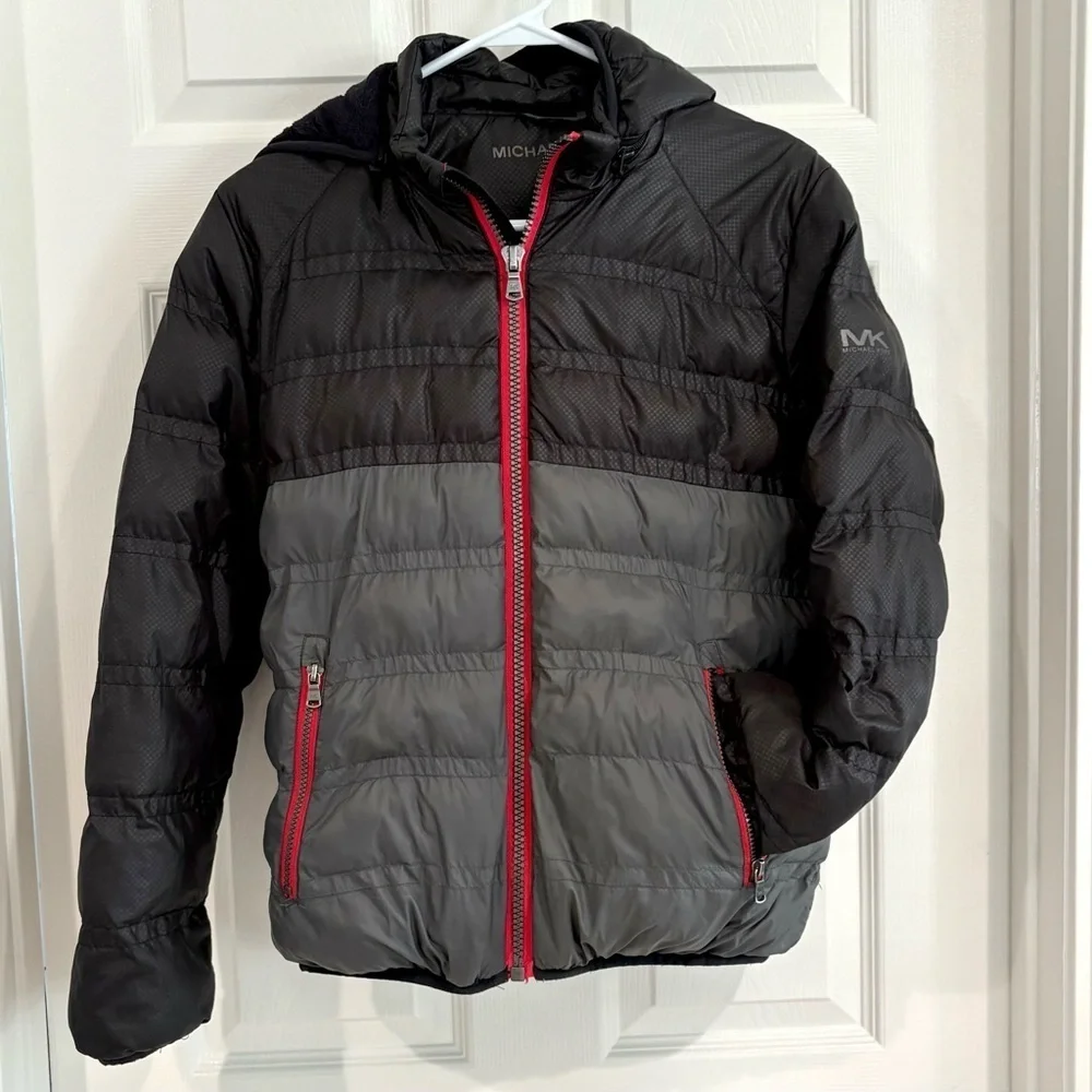 Michael Kors Puffer Zip Up Hood Gray Black Winter Jacket Coat Boys 14/16 Pocket